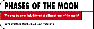PHASES OF THE MOON Why does the moon look different at different times of the month?  David examines how the moon looks from Earth.